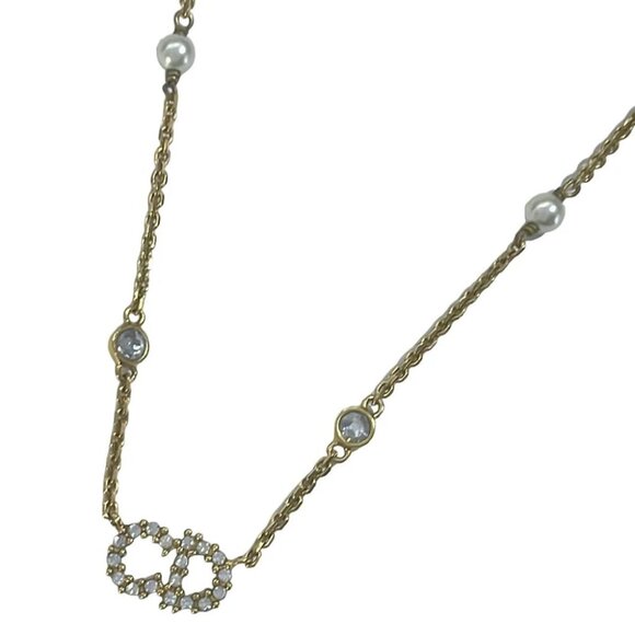 Auth DIOR/ChristianDior Clair D Lune Gold Cream Hardware Rhinestones Necklace - Picture 1 of 4